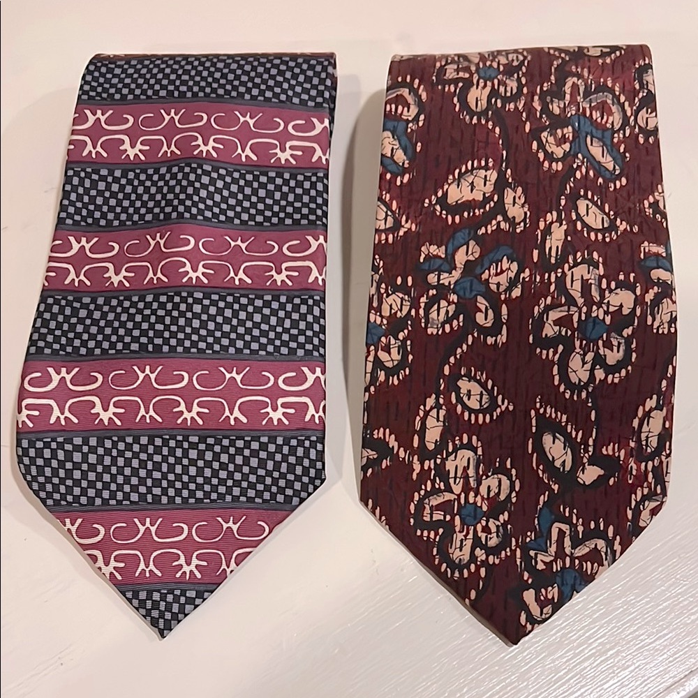 Lot (2) BARBARA BLANK New York SILK TIES Elegant Geometric Batik Vintage Pattern